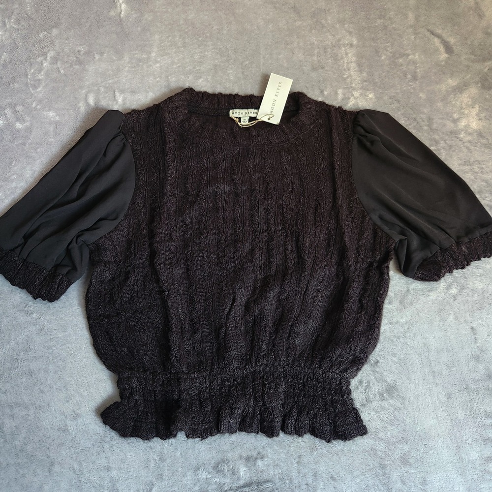 New Anthropologie Moon River Mixed Media Puff Sleeve Sweater Top M Black Medium